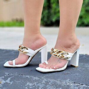 Women's White Square Toe Ring Heel Sandals